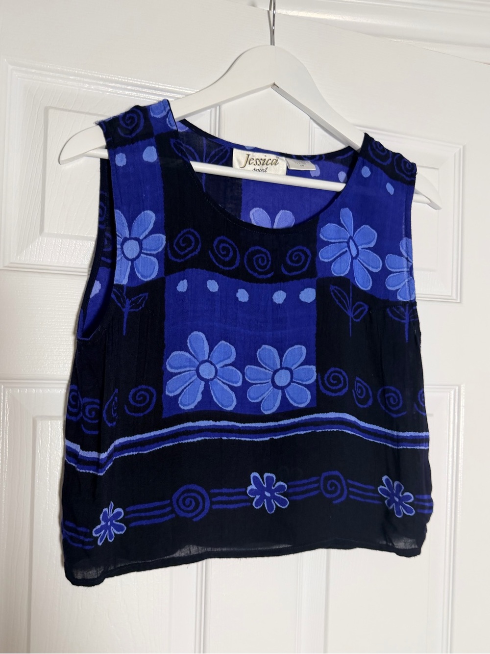 Vintage Jessica Sport Blue Floral Rayon Tank Top – L